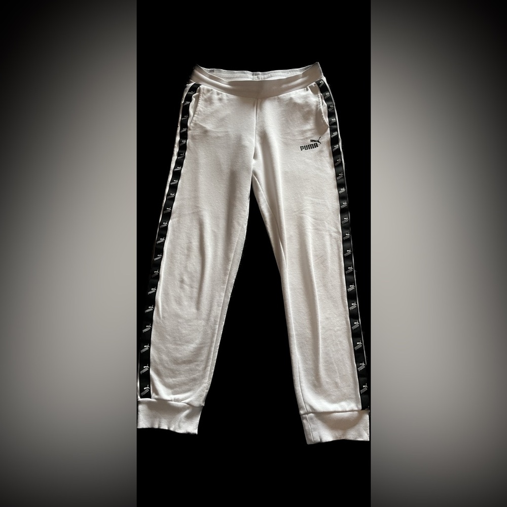 Puma White Pants with Black Logo Stripes